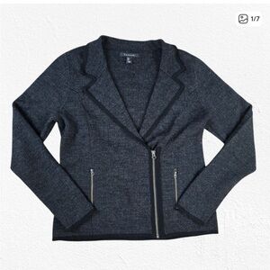 Tahari Gray Herringbone Asymmetrical Zip Wool Blend Moto Jacket Sz M